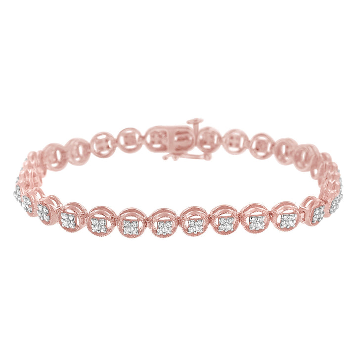 14K Rose Gold Over .925 Sterling Silver 1/4 Cttw Diamond 7" Open Circle Wheel Link Tennis Bracelet (I-J Color, I2-I3 Clarity)