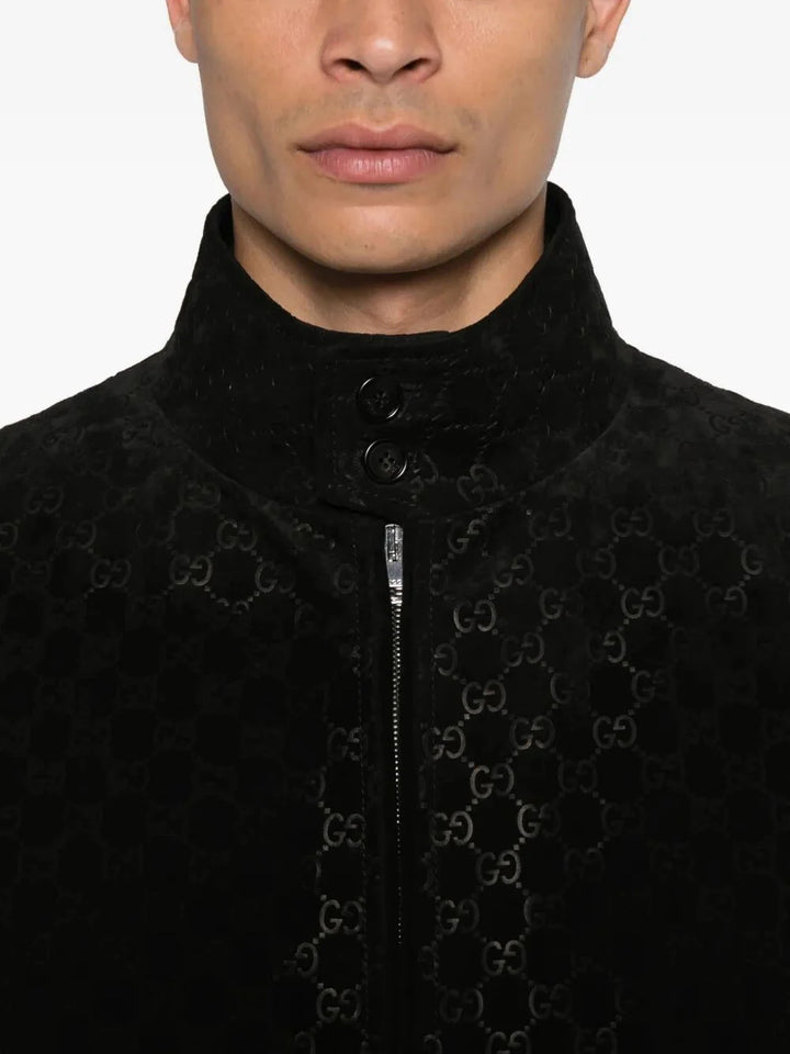 Gucci Men `Gg` Leather Bomber Jacket