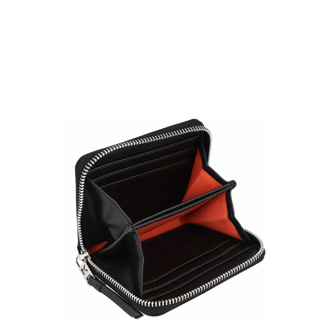 Black faux leather Karl Lagerfeld wallet with a silver embossed logo, closed with a zip.