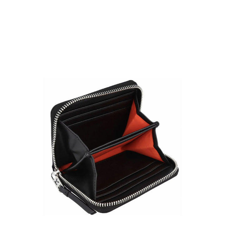 Black faux leather Karl Lagerfeld wallet with a silver embossed logo, closed with a zip.