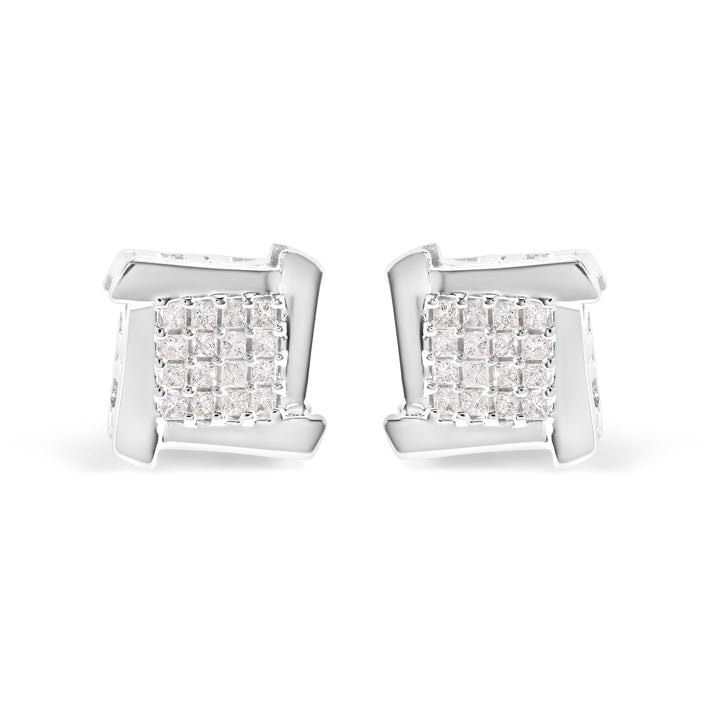 10K White Gold 1/2 Cttw Composite  Princess Diamond Square and Swirl Stud Earrings (I-J Color, I1-I2 Clarity)