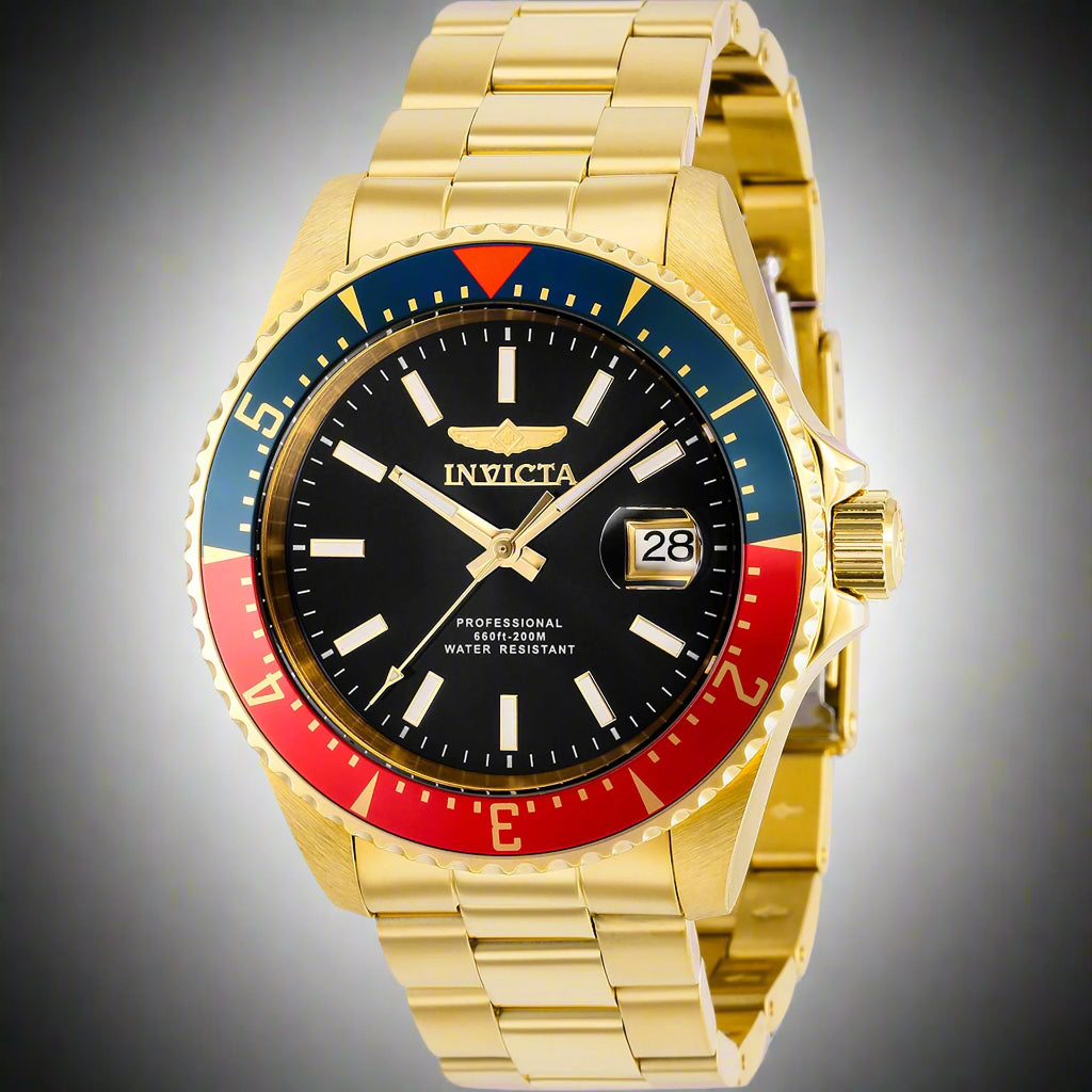 INVICTA Pro Diver men's watch with stainless steel band INVICTA black graphic t-shirt with logo front Gold-tone INVICTA chronograph wristwatch close-up INVICTA men's button-down shirt with embroidered detail INVICTA oversized sport watch and branded appar