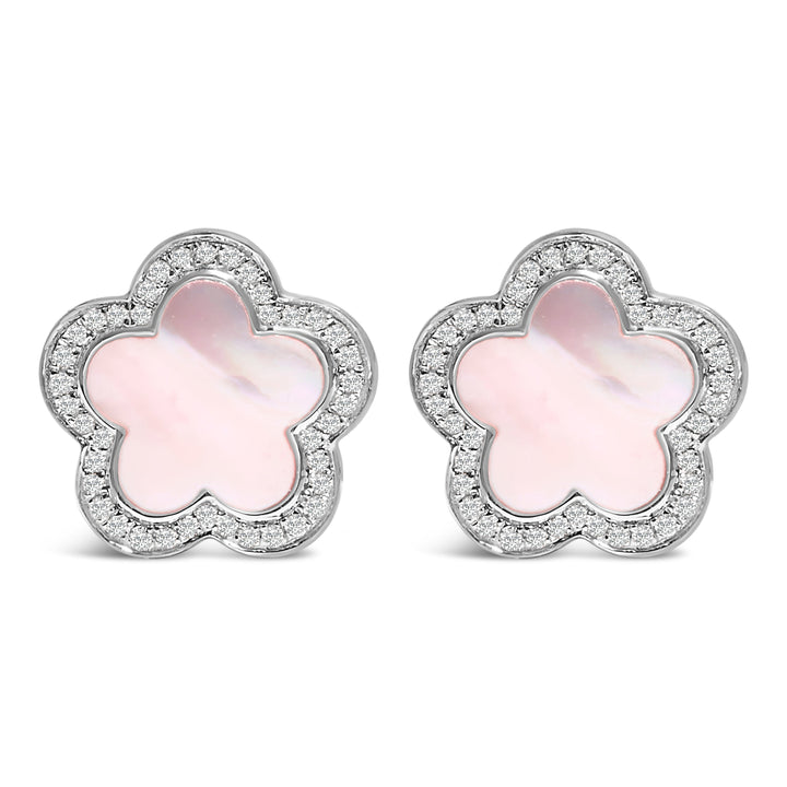 14K White Gold Mother of Pearl and 1/5 Cttw Diamond Halo Star Stud Earrings