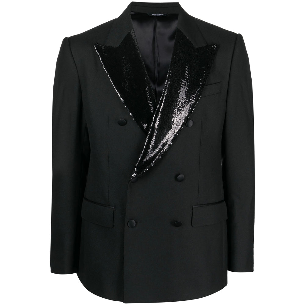 Black tuxedo jacket with sequin lapels on a white background