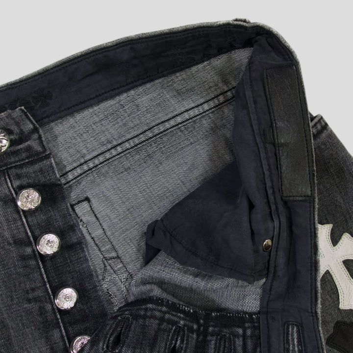Detail of Chrome Heart Fleur Knee Denim in Black/White, featuring luxury craftsmanship and authentic design.