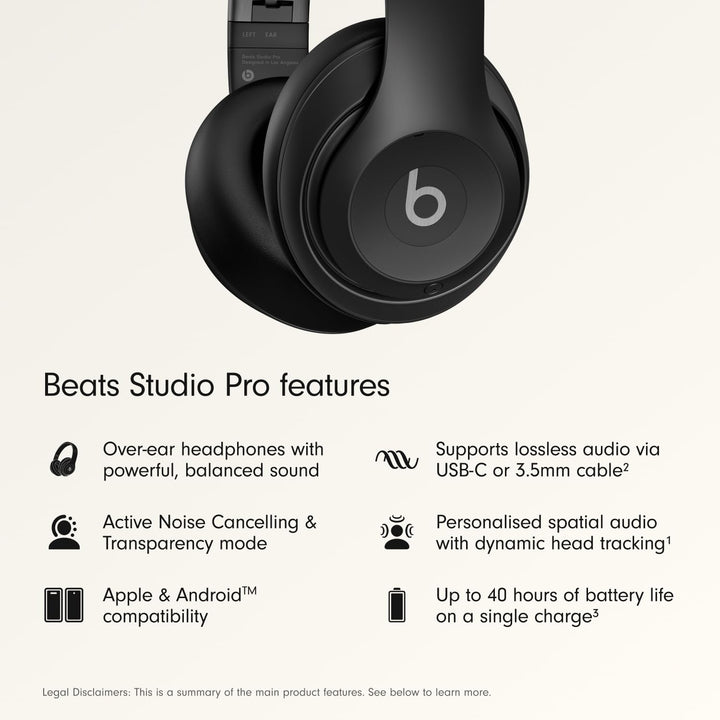 Beats Studio Pro Premium Wireless Over-Ear Headphones- Up to 40-Hour Battery Life, Active Noise Cancelling, Great for Travel &amp; Commuting, USB-C Lossless Audio, Apple &amp; Android Compatible -Black (Refurbished)