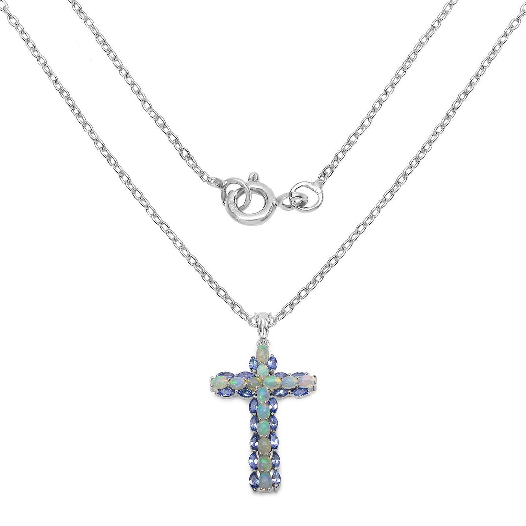 3.32 Carat Genuine Ethiopian Opal and Tanzanite .925 Sterling Silver Pendant