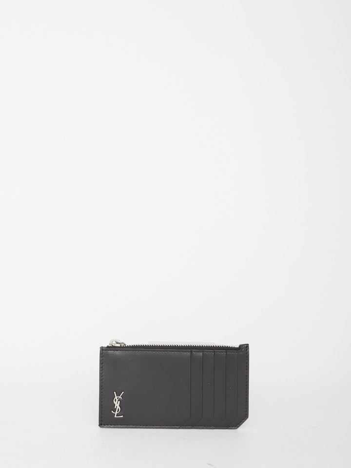 SAINT LAURENT Leather Card Holder with Logo Plaque - Mini