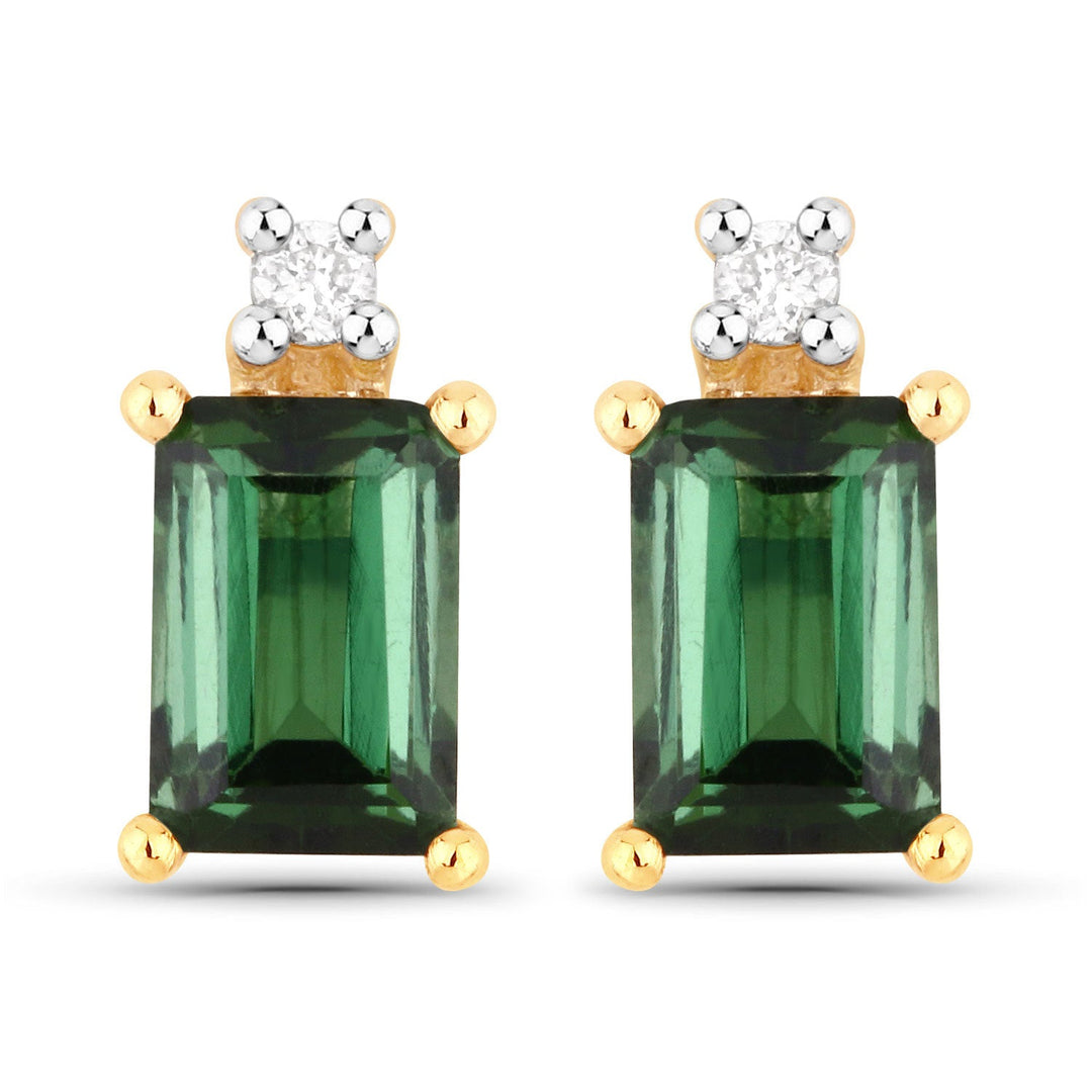 1.24 Carat Genuine Green Tourmaline and White Diamond 14K Yellow Gold Earrings