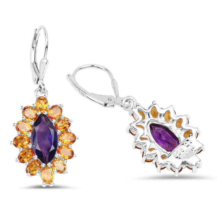 6.54 Carat Genuine Amethyst &amp; Madeira Citrine .925 Sterling Silver Earrings
