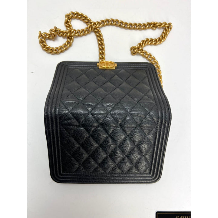 Chanel Caviar Quilted Mini Boy Clutch Wallet on a Chain Black with antique gold hardware and quilted design.