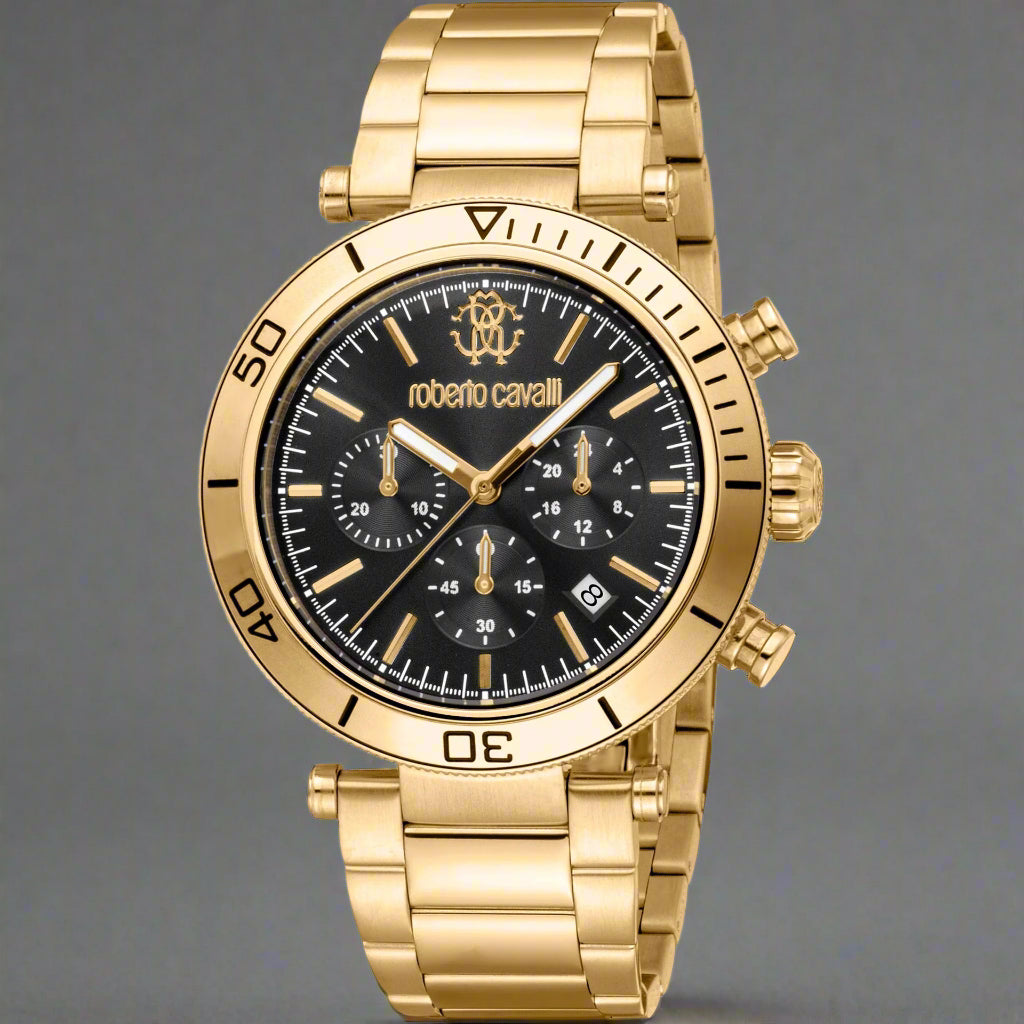 Roberto Cavalli men's stainless steel chronograph watch with quartz movement, analog dial, and date indicator.