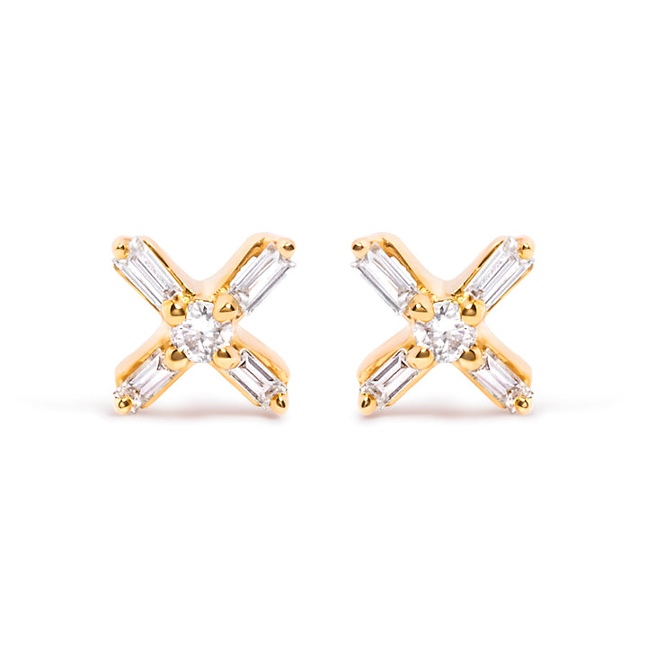 10K Yellow Gold 1/10 Cttw Round and Baguette Diamond Criss Cross X Stud Earring (H-I Color, I1-I2 Clarity)