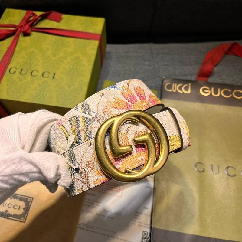 Gucci Guccissima Leather Floral Print Double Gold G Buckle Woman Belt &