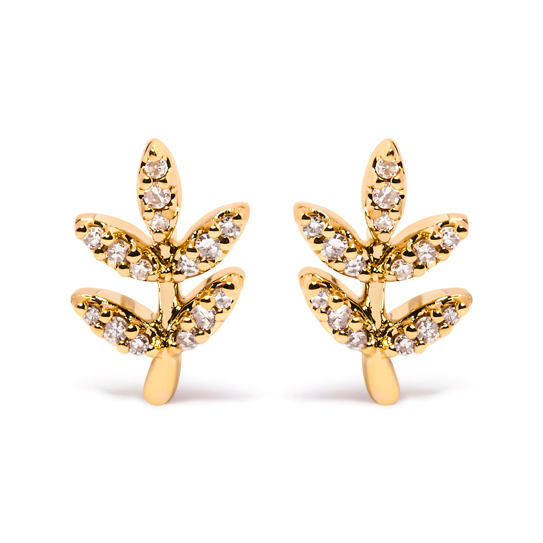 10K Yellow Gold 1/10 Cttw Diamond Accented Leaf and Branch Stud Earrings (H-I Color, I1-I2 Clarity)