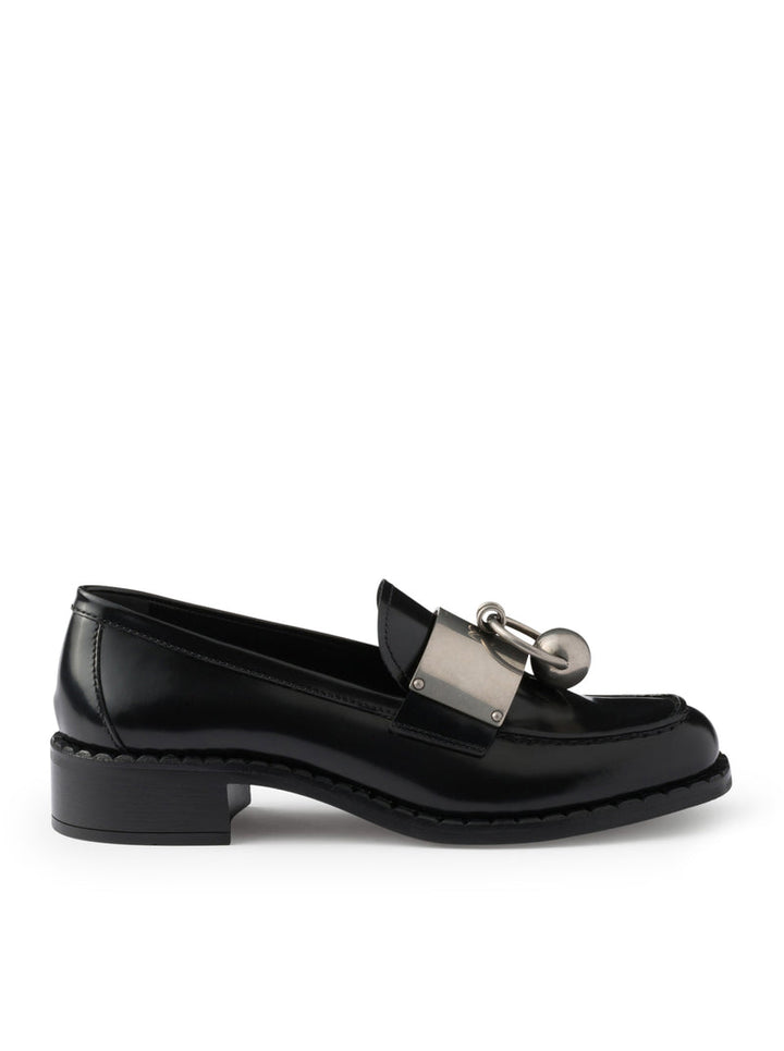 Prada Women Brushed Leather Loafers With Metal Ring