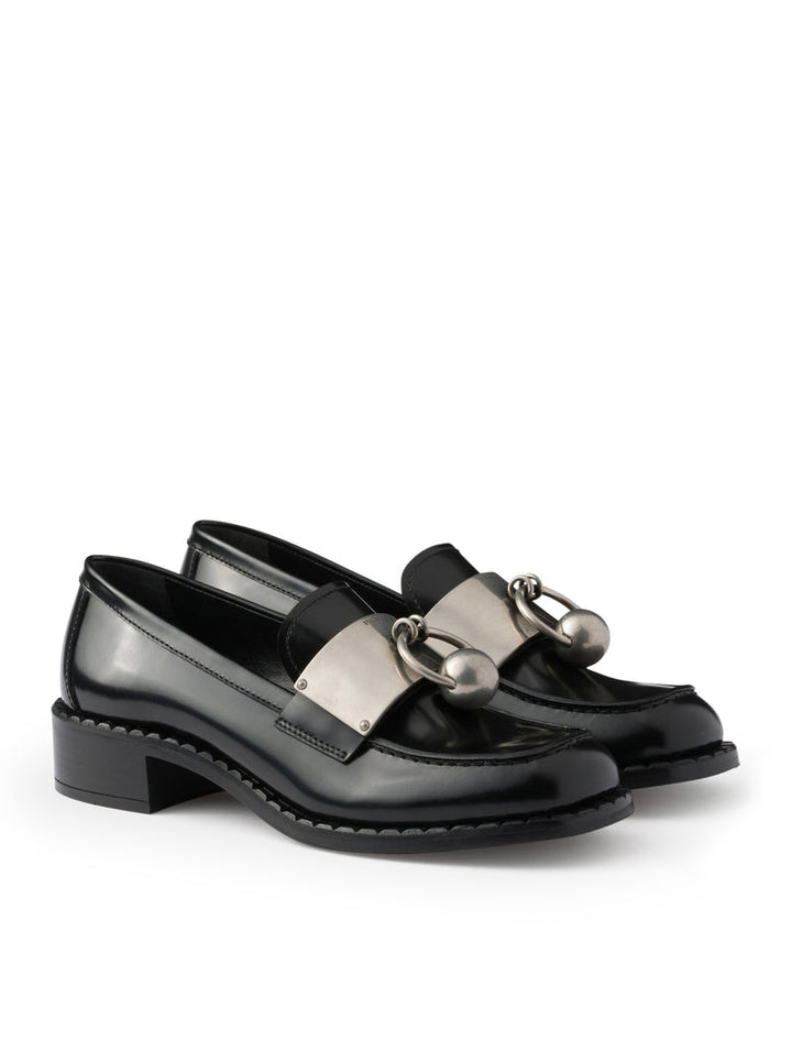 Prada Women Brushed Leather Loafers With Metal Ring
