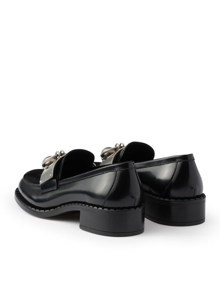 Prada Women Brushed Leather Loafers With Metal Ring
