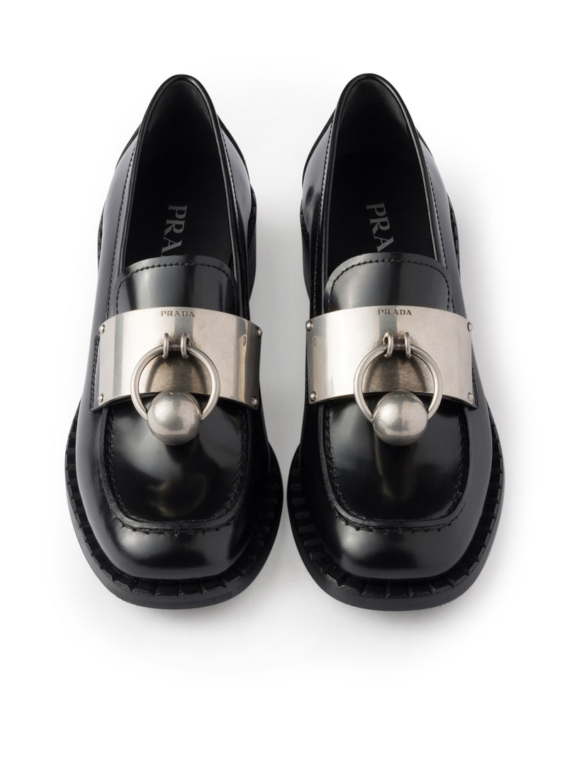 Prada Women Brushed Leather Loafers With Metal Ring