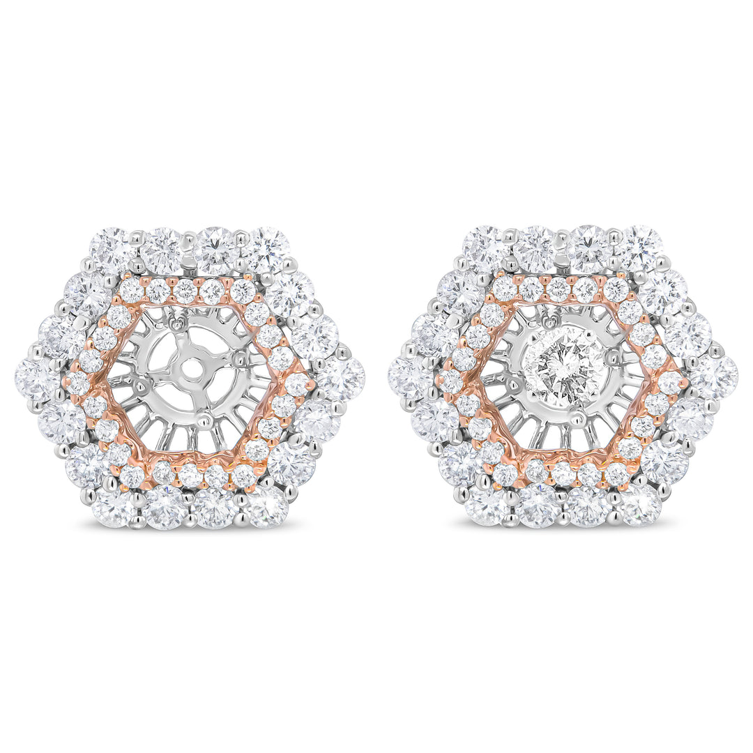 14K Rose and White Gold 1 7/8 Cttw Round Diamond Double Halo Earring Jacket for 6mm Round Studs (G-H Color, VS2-SI1 Clarity)