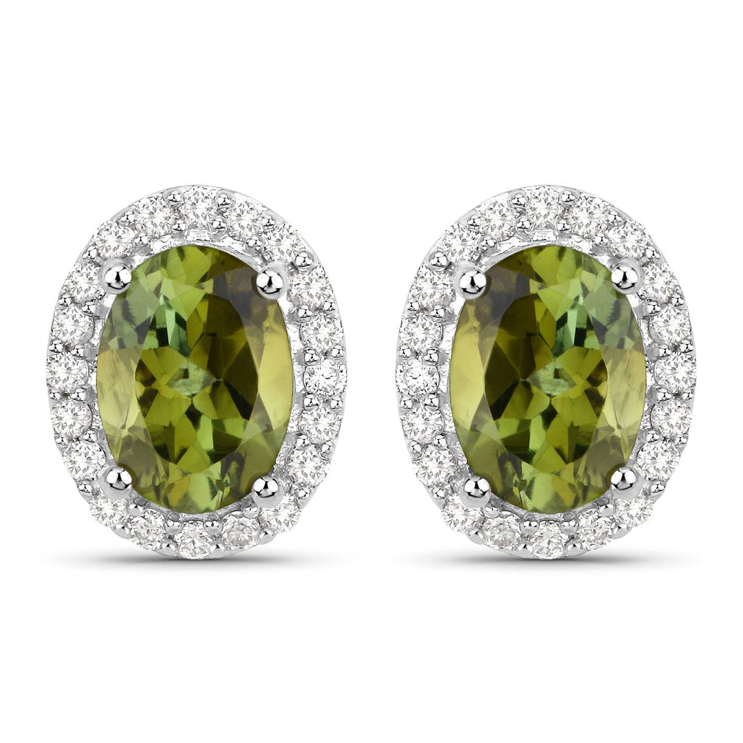 1.92 Carat Genuine Green Tourmaline and White Diamond 14K White Gold Earrings