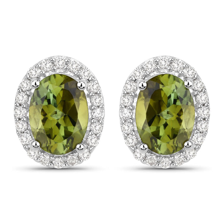 1.92 Carat Genuine Green Tourmaline and White Diamond 14K White Gold Earrings