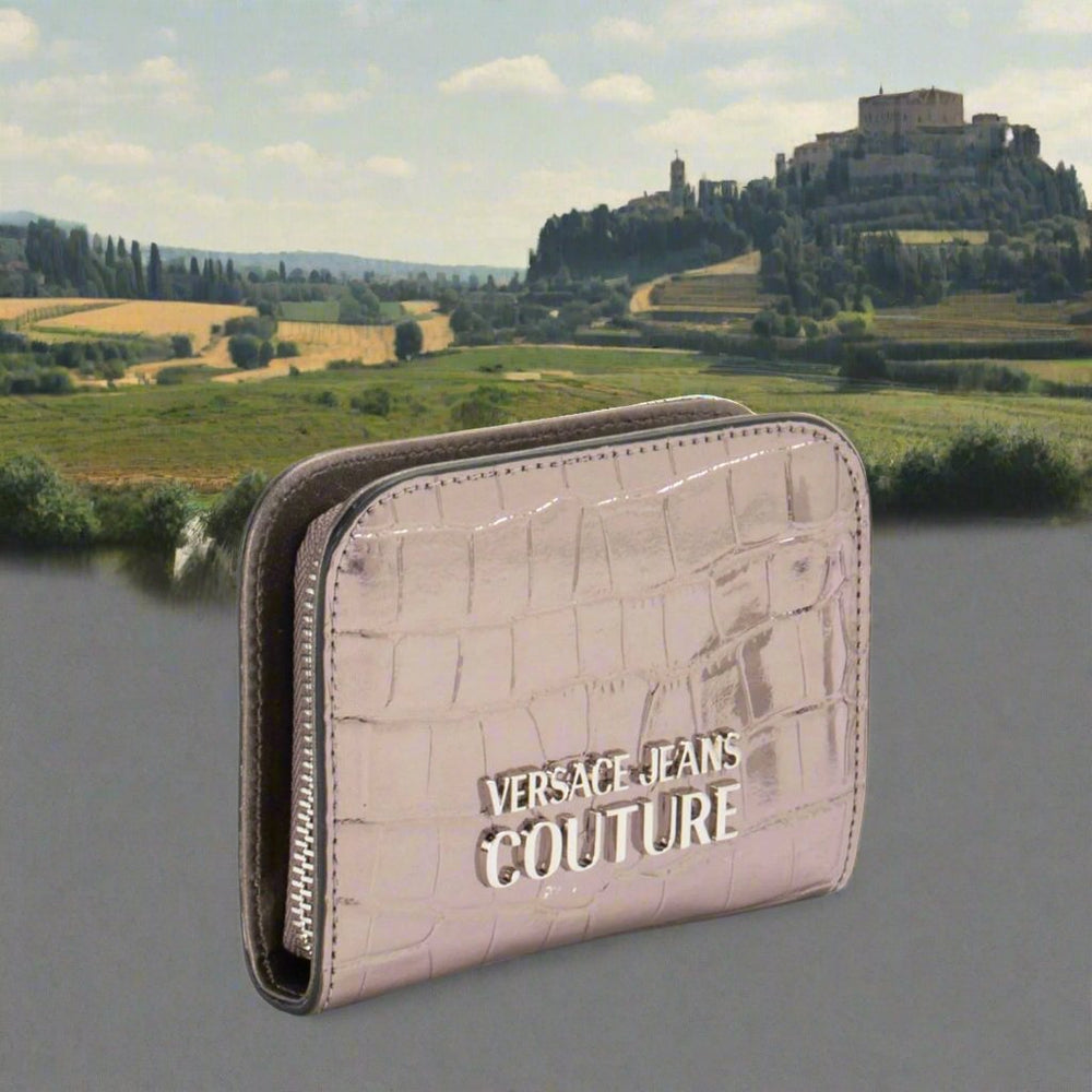 Versace Jeans Couture women's wallet in synthetic leather with gold emblem, showcasing a stylish design against a scenic backdrop.