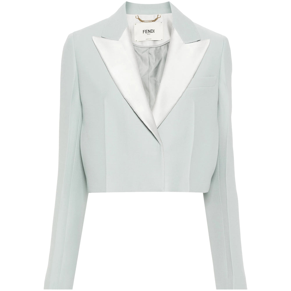 Light blue blazer with white collar on a white background