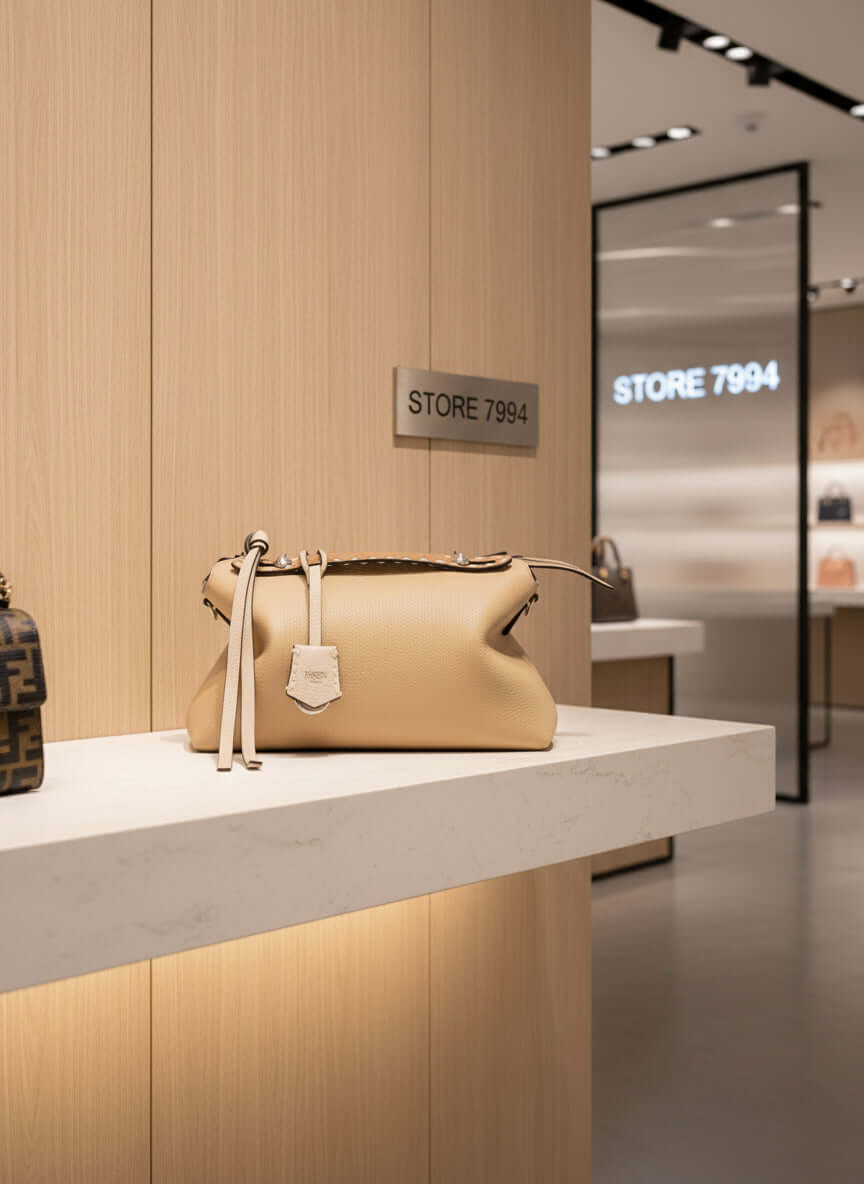 Beige handbag with a strap on a white background