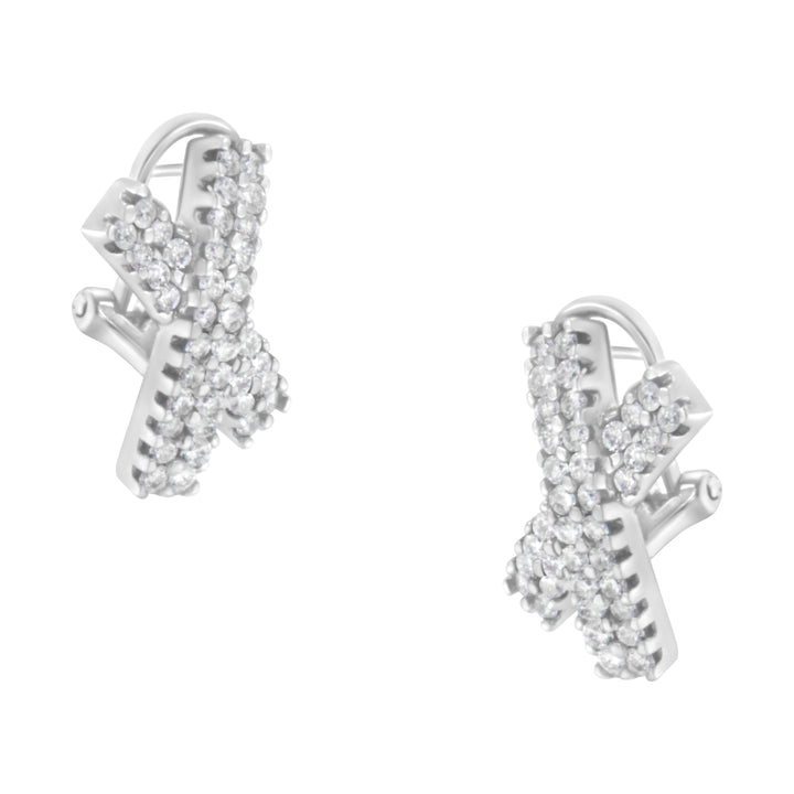 14K White Gold 2.0 Cttw Round-Brilliant Cut Diamond Domed X Shaped Omega Back Stud Earrings (H-I Color, I1-I2 Clarity)