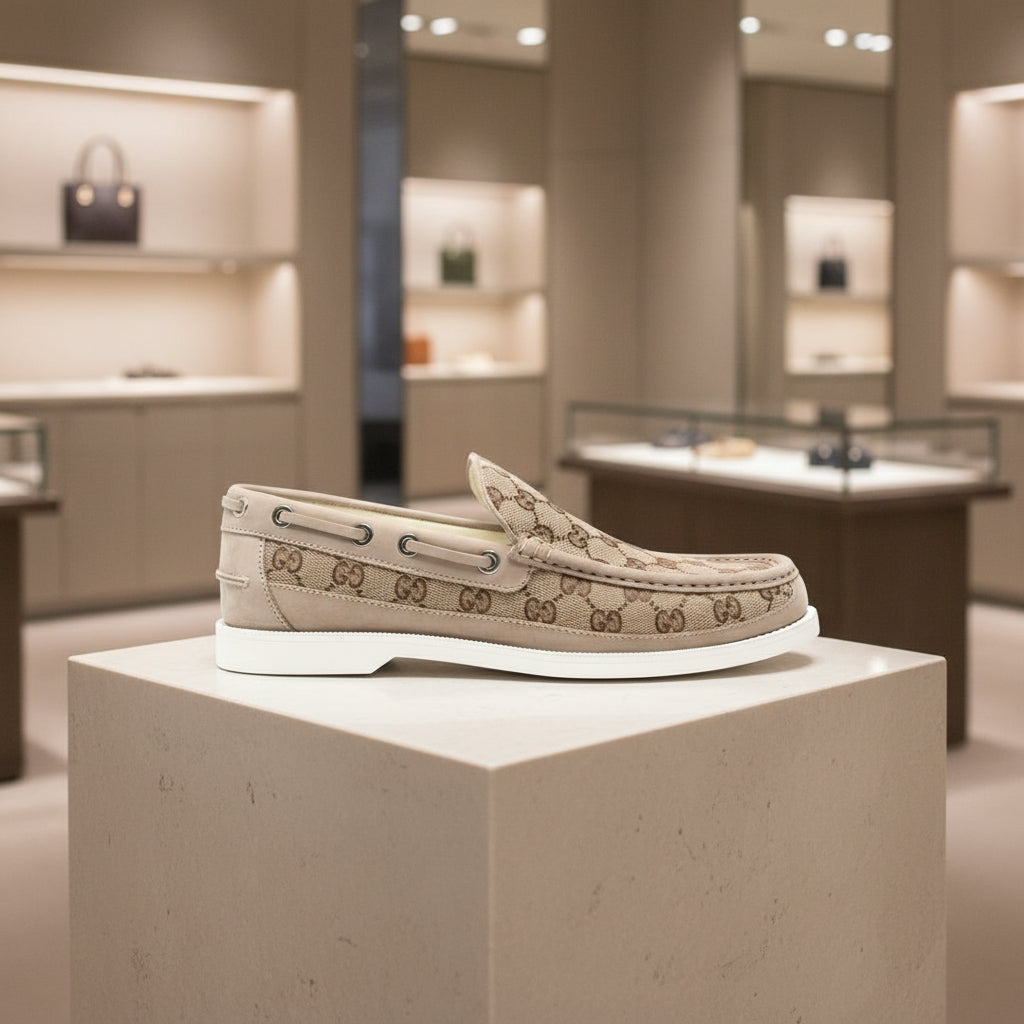 Beige boat shoe with Gucci logo on a white background