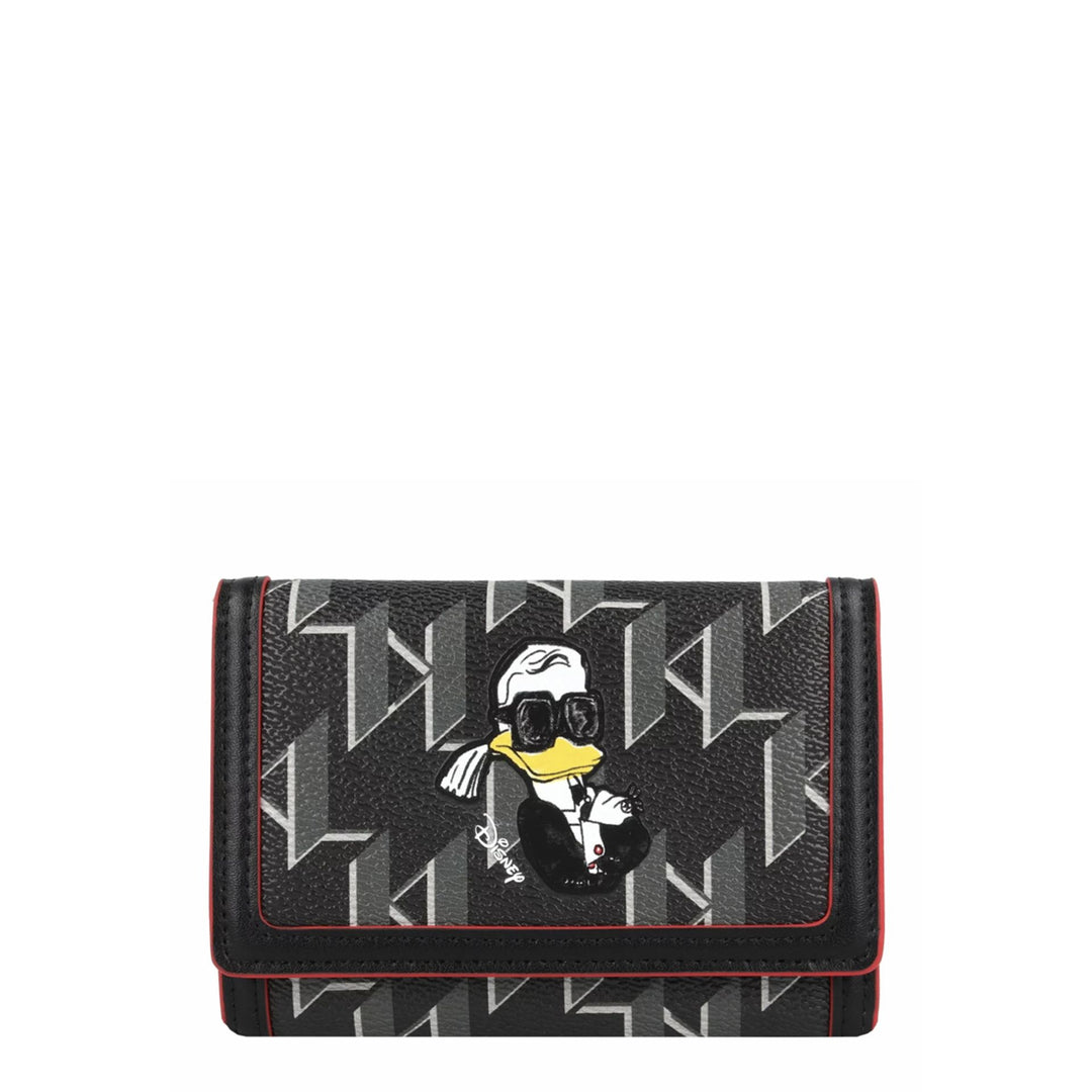 A black leather polyurethane wallet with a metallic fastening featuring a geometric pattern and a character silhouette.