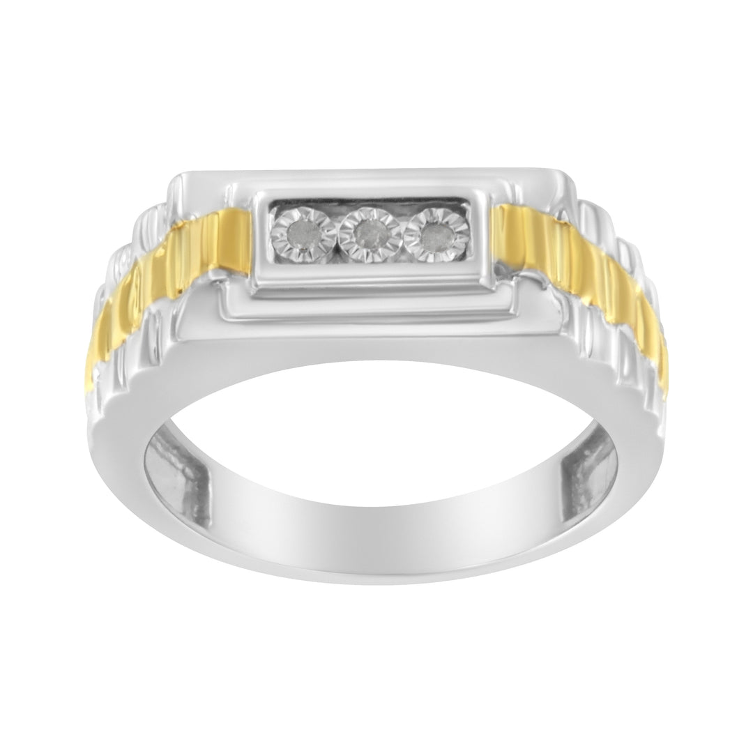 10K Yellow Gold Plated .925 Sterling Silver Diamond Accent Miracle-Set 3 Stone Ridged Band Gentlemen&