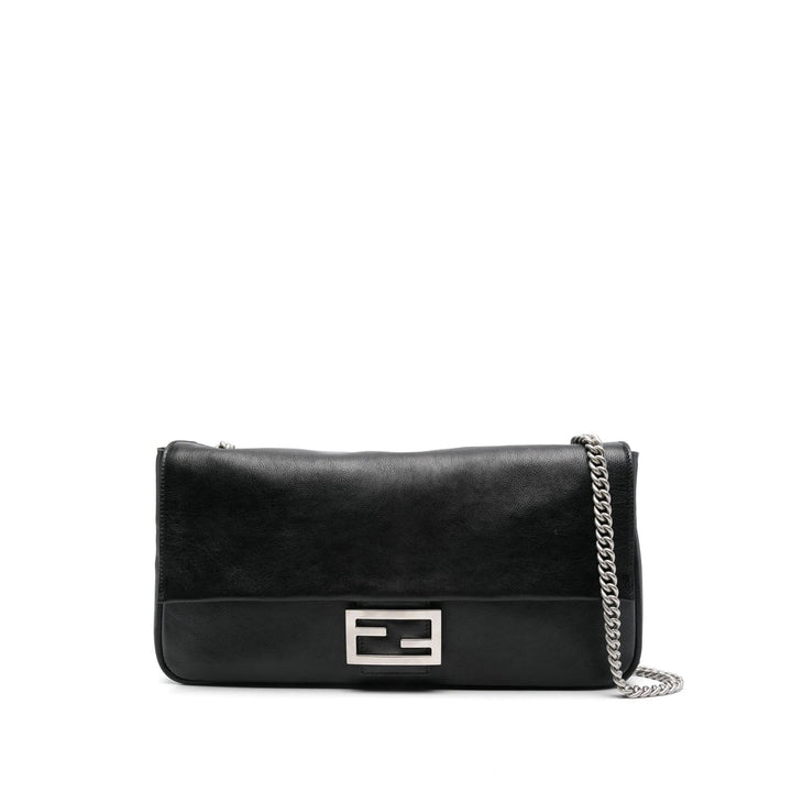 Black handbag with a chain detail on a white background