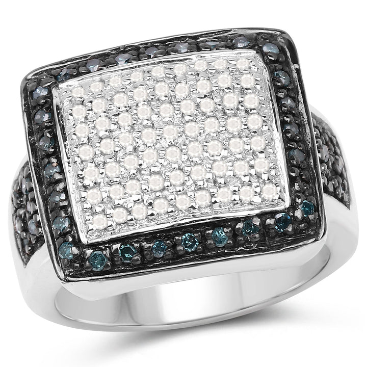 0.64 Carat Genuine White Diamond and Blue Diamond .925 Sterling Silver Ring