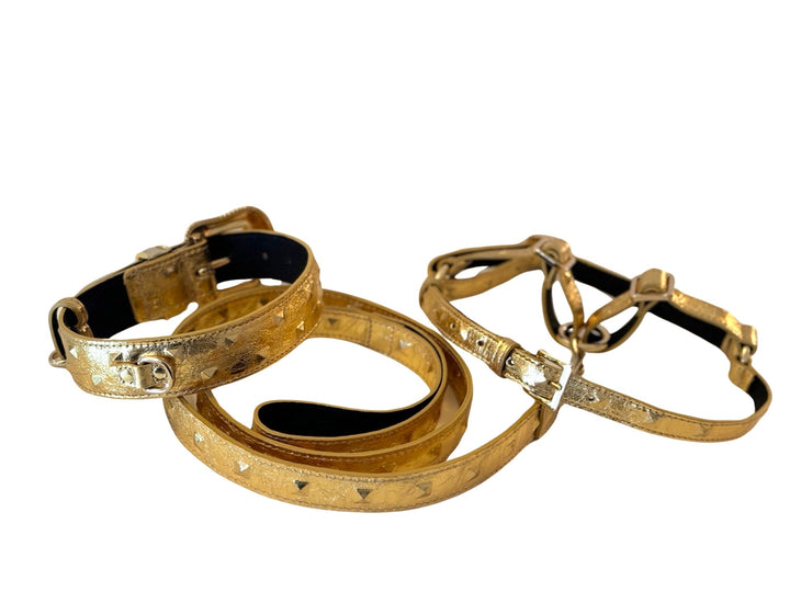 Glam Gold Embossed Studded Italian Leather Collar, Leash &amp; Harness Set With Our Custom Swarovski Crystal Buckle