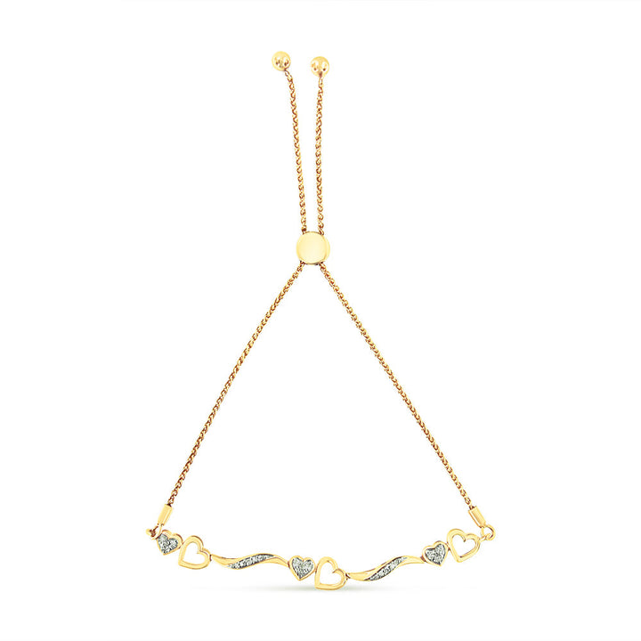14K Yellow Gold Plated .925 Sterling Silver Diamond Accent Heart and Wave Link Bolo Bracelet (I-J Color, I2-I3 Clarity) - 6" to 9" Adjustable