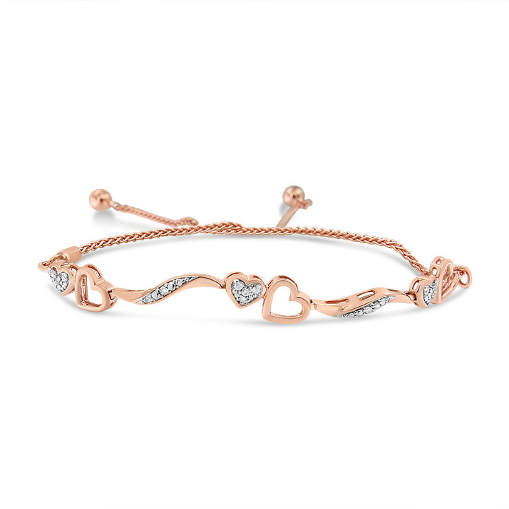 14K Rose Gold Plated .925 Sterling Silver 1/10 Cttw Diamond Wave and Hearts 4â€-10â€ Adjustable Bolo Bracelet (I-J Color, I3 Clarity)