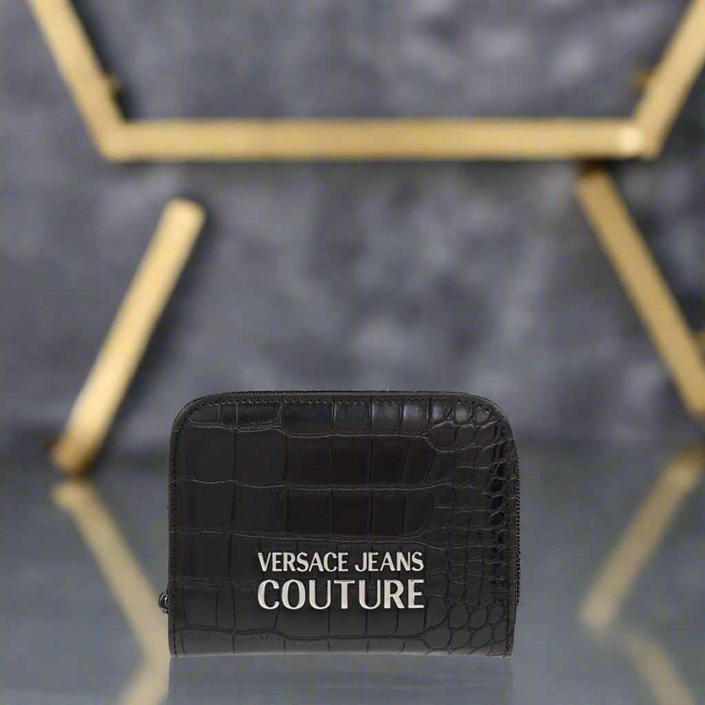 Versace Jeans Couture black wallet with gold emblem, stylish synthetic leather, perfect for women, dimensions 13x10x2 cm.