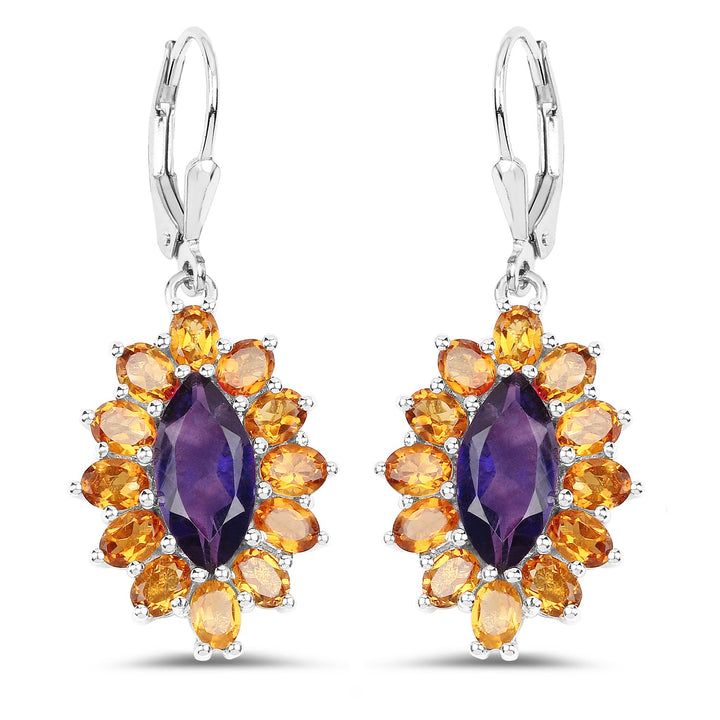6.54 Carat Genuine Amethyst &amp; Madeira Citrine .925 Sterling Silver Earrings