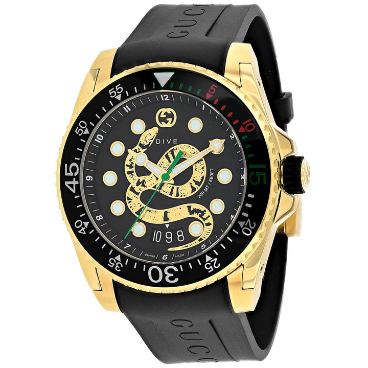 Gucci watch with black strap and gold case on a white background