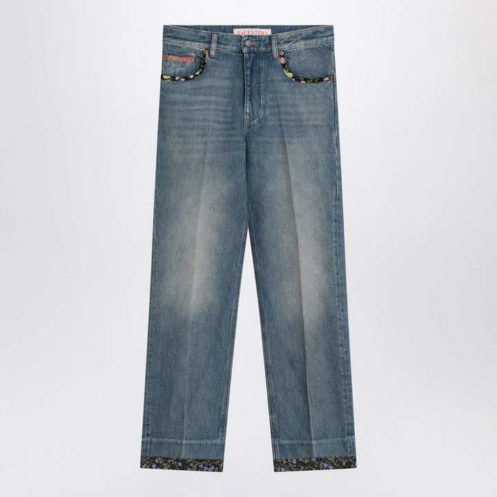 Valentino Washed Blue Jeans With Floral Fabric Trims Women