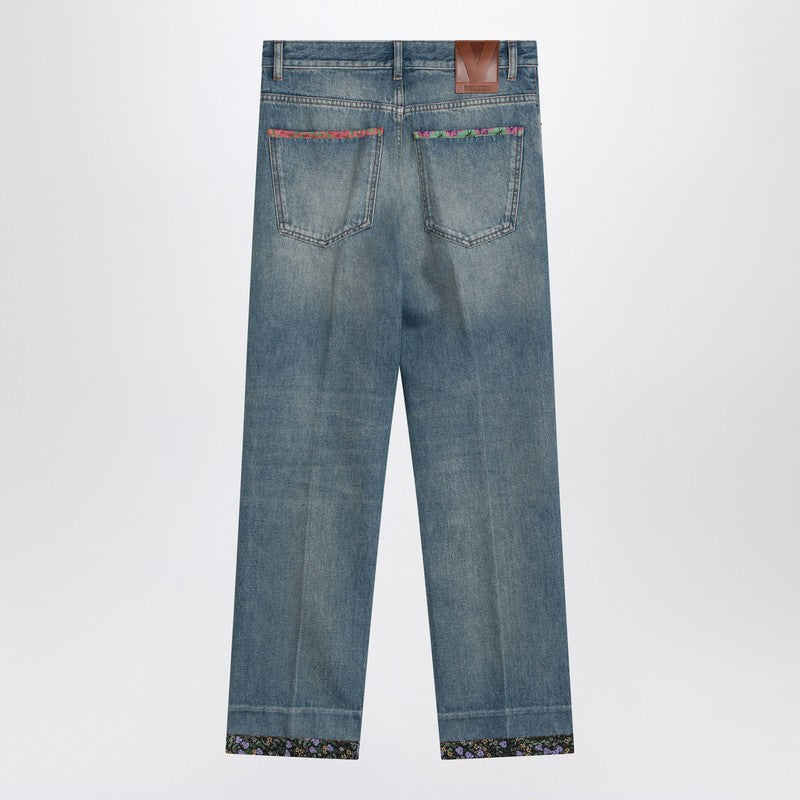 Valentino Washed Blue Jeans With Floral Fabric Trims Women