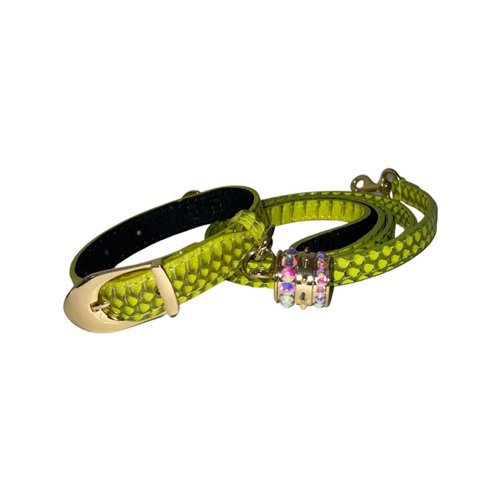 XS 7”-14” Light Neon Green Custom Snake Collar/Custom Gold Italian Hardware &amp; Leash Set. Including Swarovski Crystal Charm