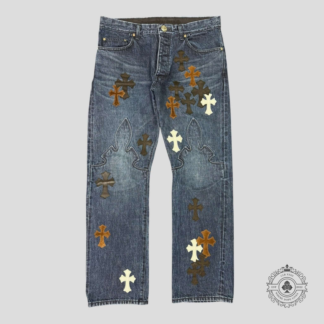 Chrome Hearts Fleur Knee Cross Patch Jeans in dark wash, featuring rare cross patches, authentic luxury denim jeans.