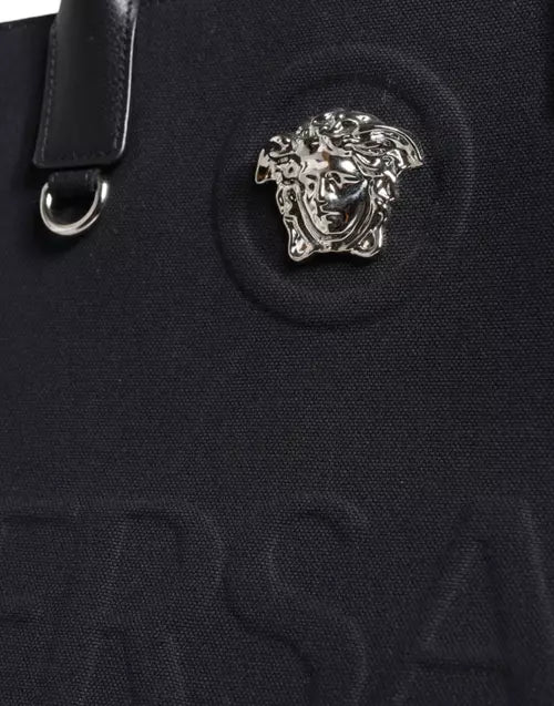 BOLSO DE COMPRAS DE LONA CON LOGOTIPO DE CUERO Y MANGO SUPERIOR NEGRO DE Versace