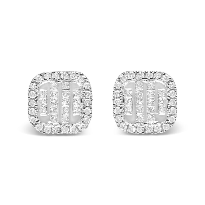 10K White Gold 7/8 Cttw Diamond Princess Composite and Halo Stud Earrings (I-J Color, I1-I2 Clarity)