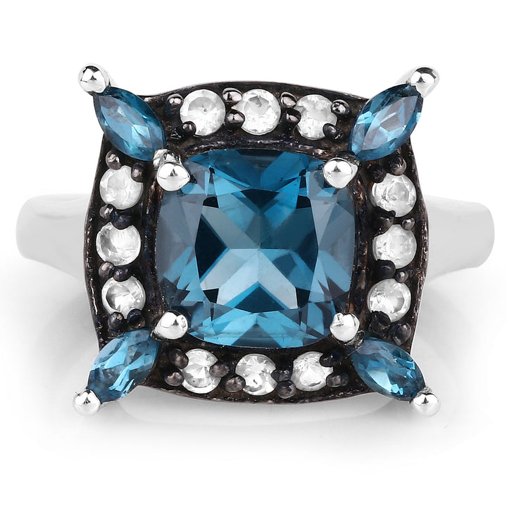 3.24 Carat Genuine London Blue Topaz and White Topaz .925 Sterling Silver Ring