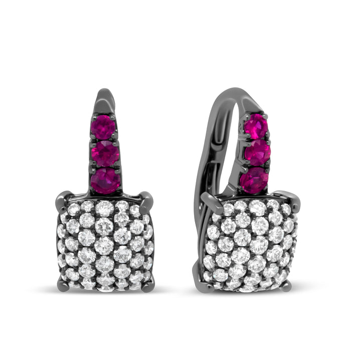 Black Rhodium Plated 18K White Gold 7/8 Cttw Round Diamond and Graduated Red Ruby Drop Earrings (F-G Color, VS1-VS2 Clarity)