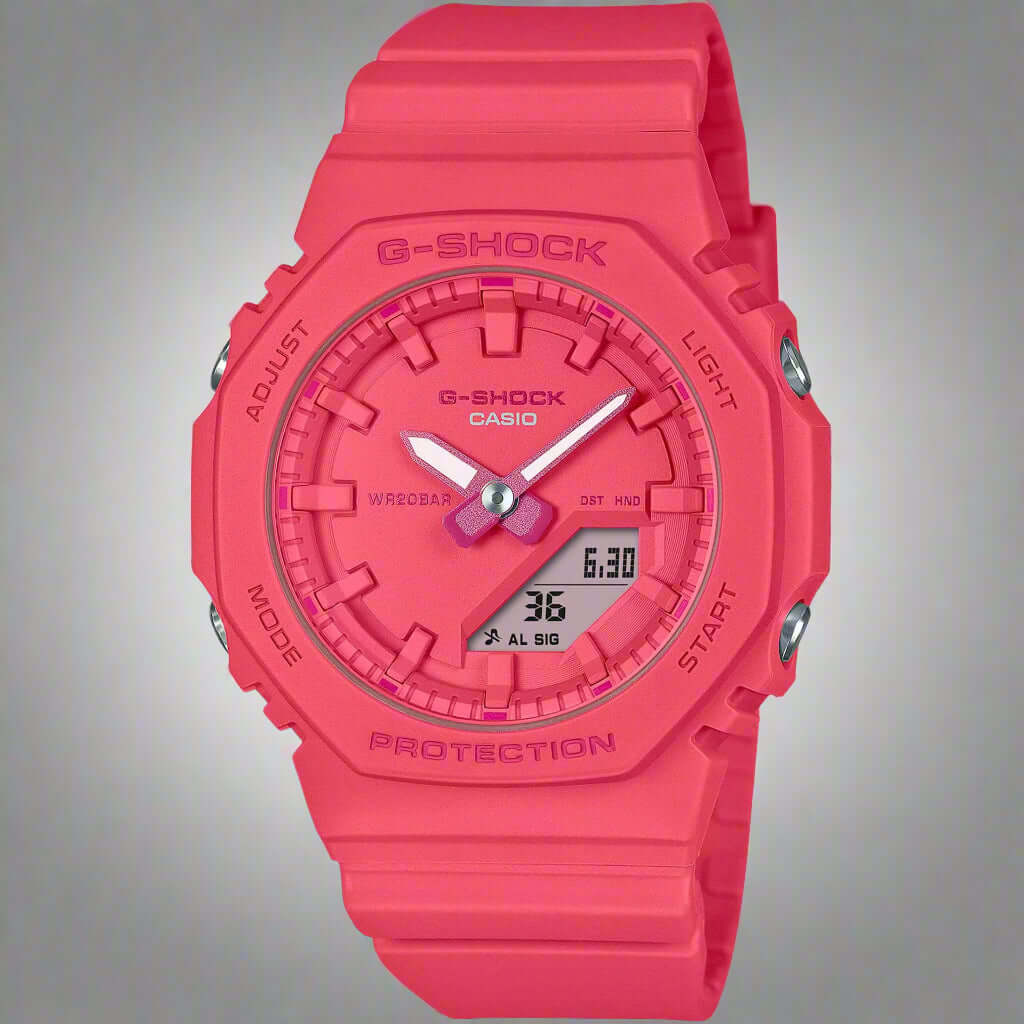 Pink G-Shock watch on a white background